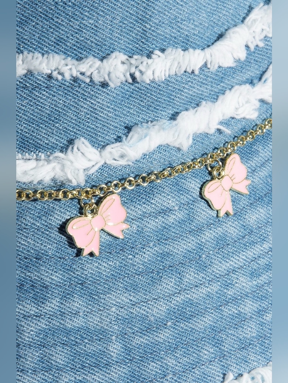 Frayed Denim Trim Ribbon Bow Charms Bucket Hat - Picture 4 of 5